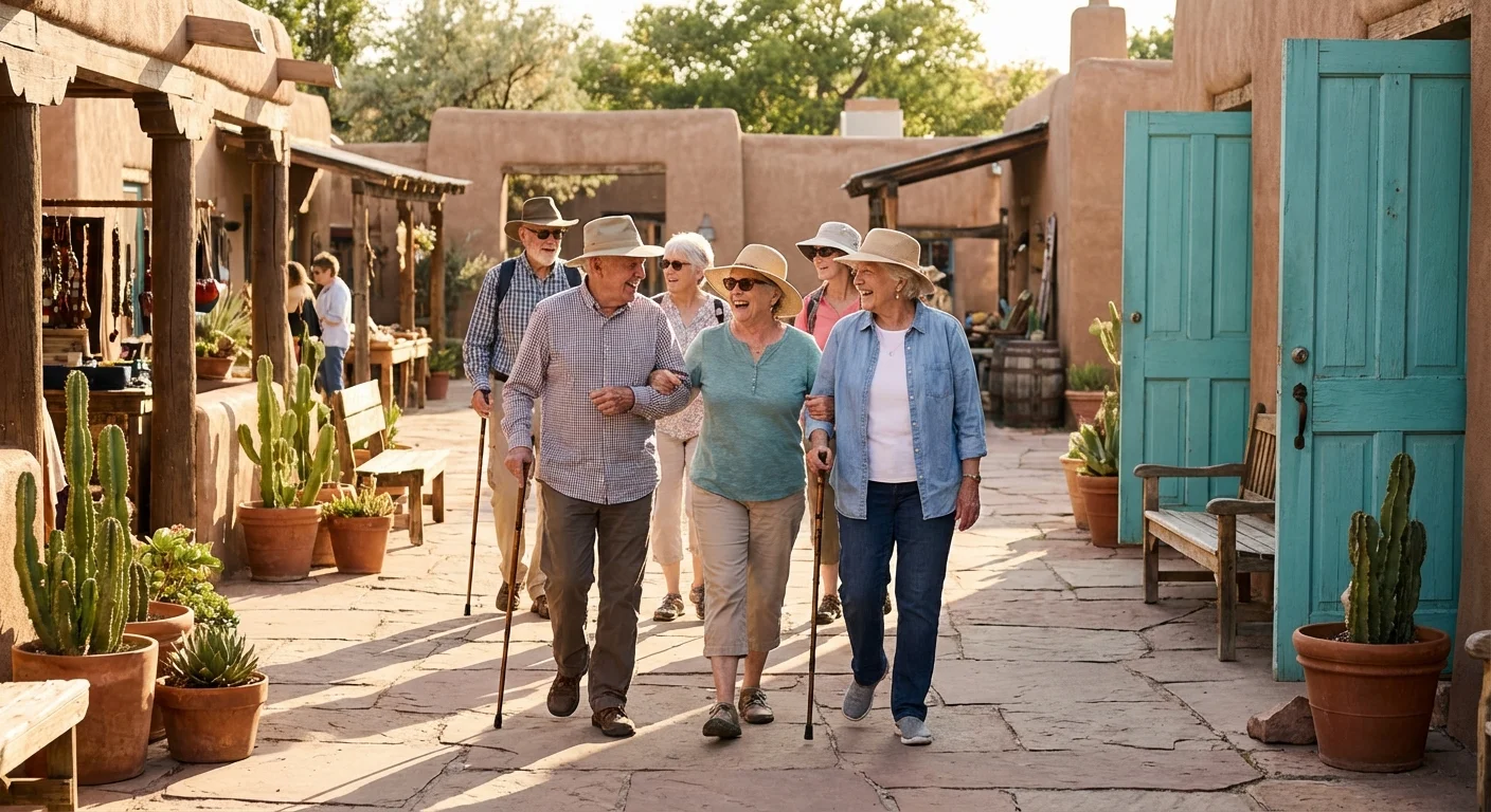Active seniors exploring a beautiful Southwest town with traditional adobe architecture.