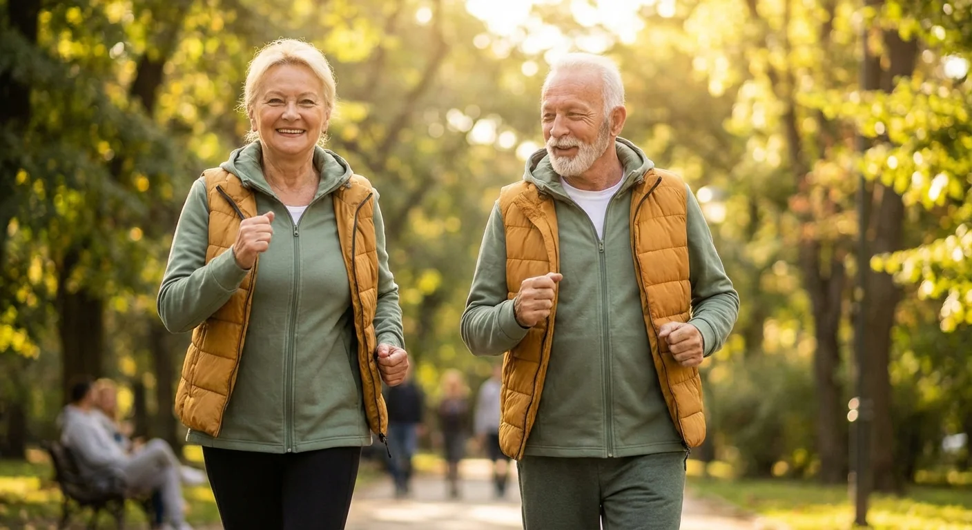 An active senior couple power-walking in a park, highlighting the link between exercise and brain health.