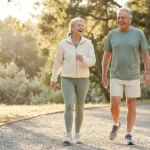 An active senior couple power walking through a sunlit park, smiling and wearing athletic gear.