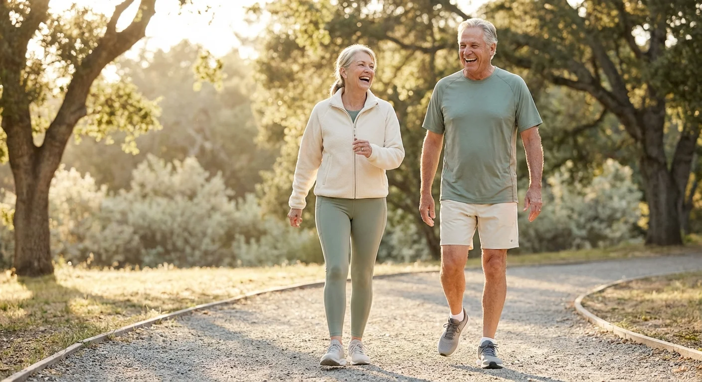 An active senior couple power walking through a sunlit park, smiling and wearing athletic gear.