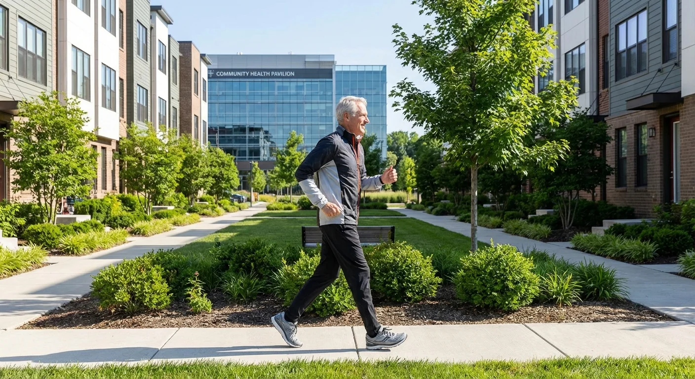 An active senior man walking in a well-maintained neighborhood near a healthcare facility.