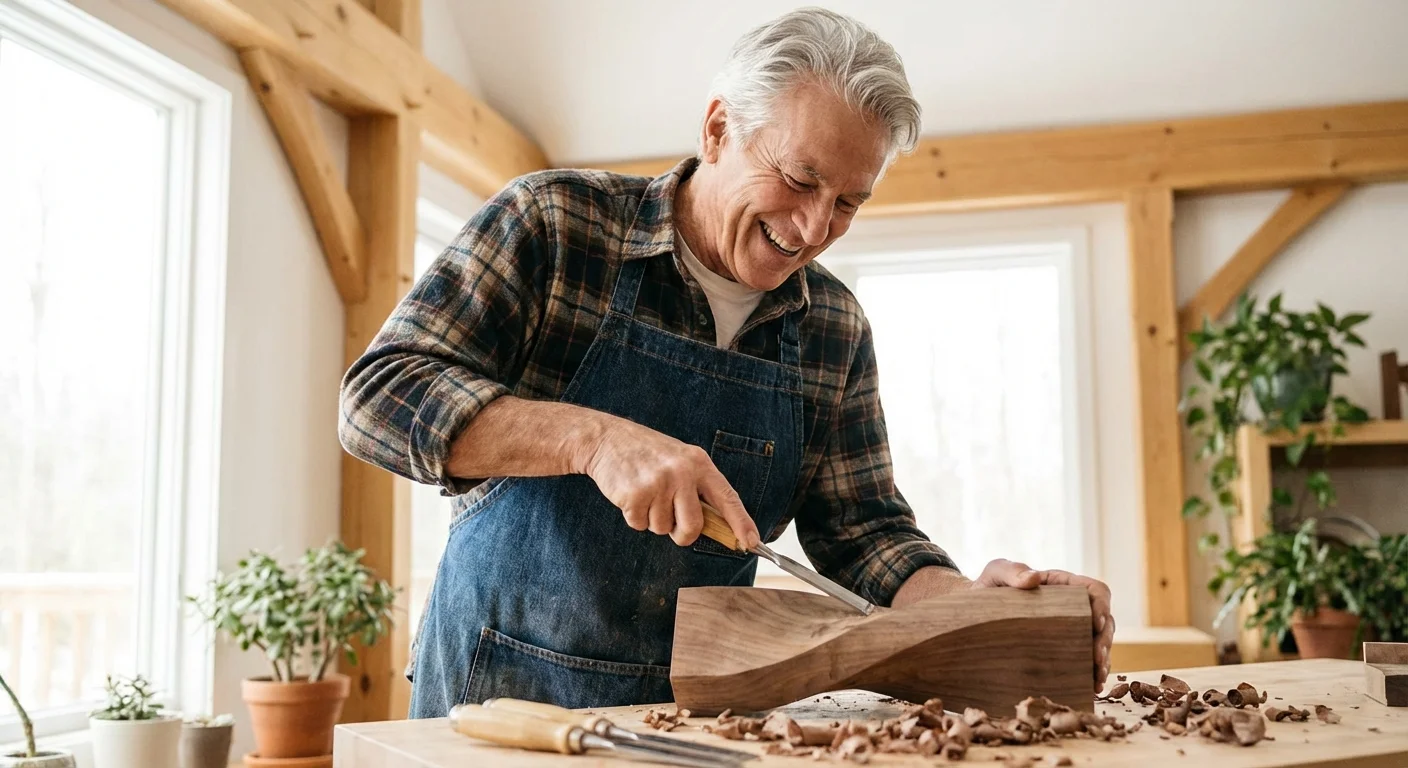 An active senior man working on a craft project, symbolizing the balance of working during retirement.