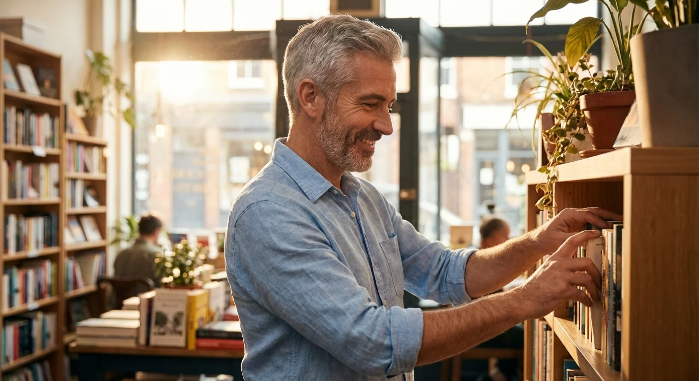 An early retiree working a low-stress part-time job in a bookstore for health benefits.