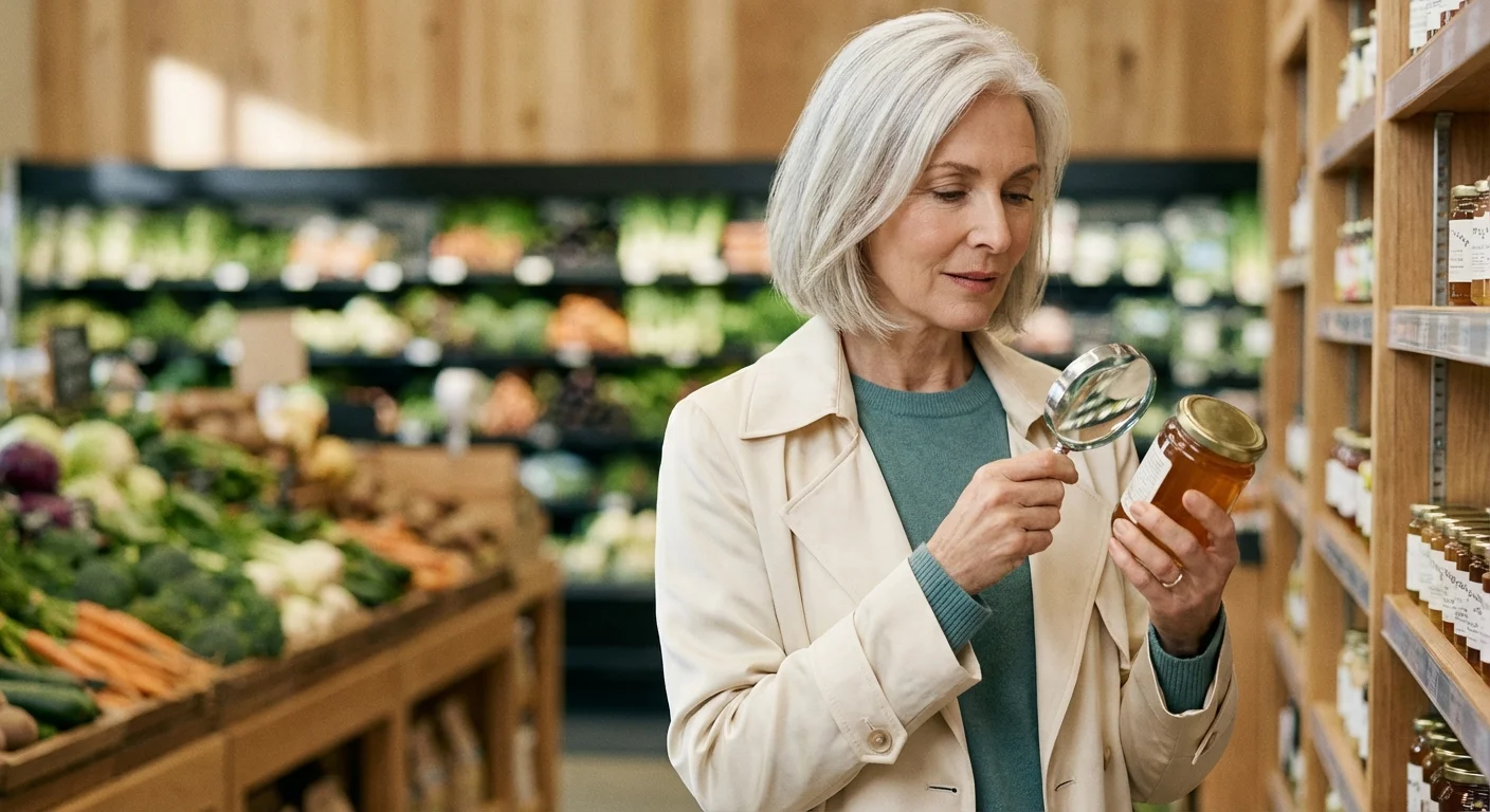 An older woman carefully reading a food nutrition label to make healthy dietary choices while shopping.