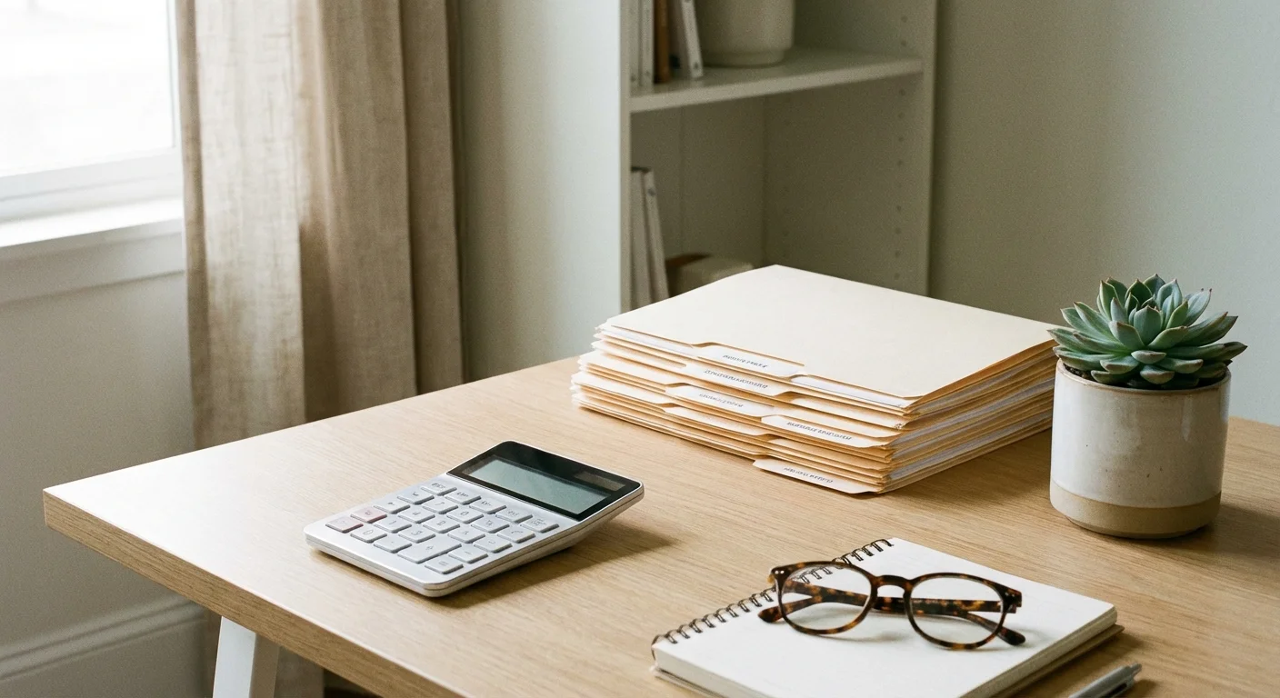 An organized home office desk with financial tools, representing tax management.