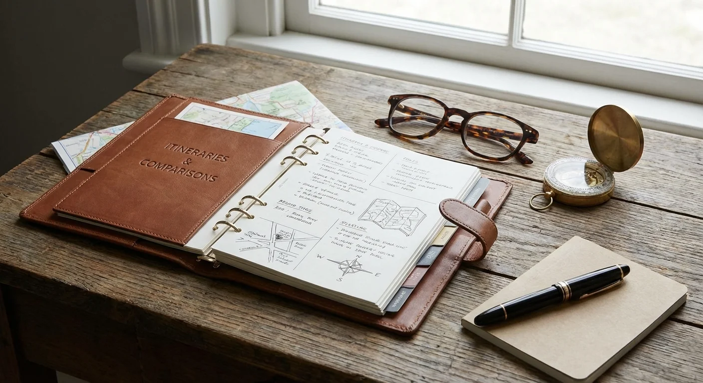 An organized travel planning layout with a notebook and compass.