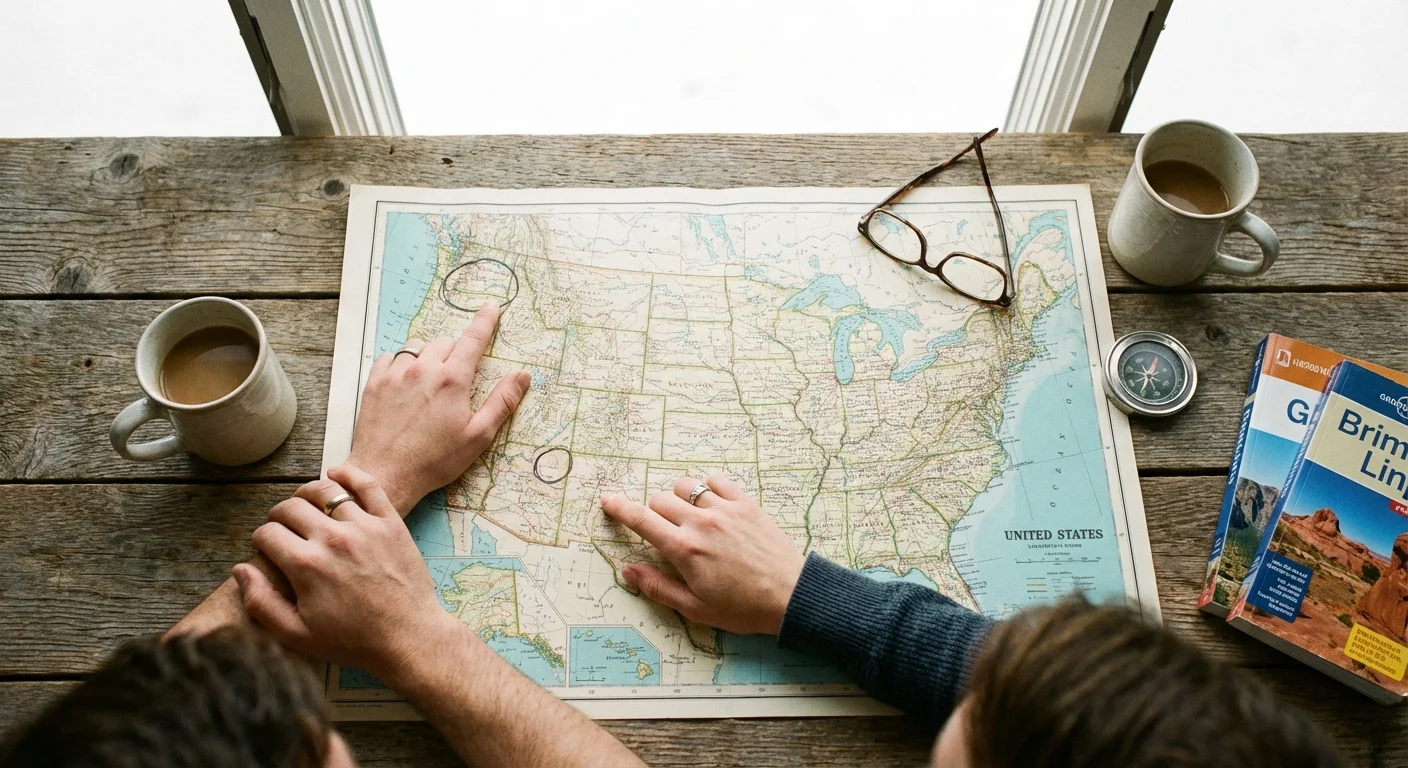 An overhead view of a couple comparing different states on a map of the USA.