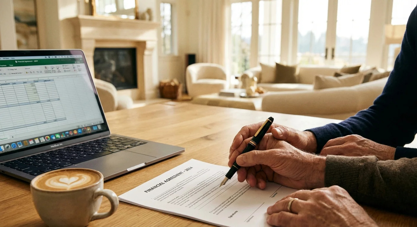 Close-up of a couple reviewing financial documents and a laptop in a bright room.