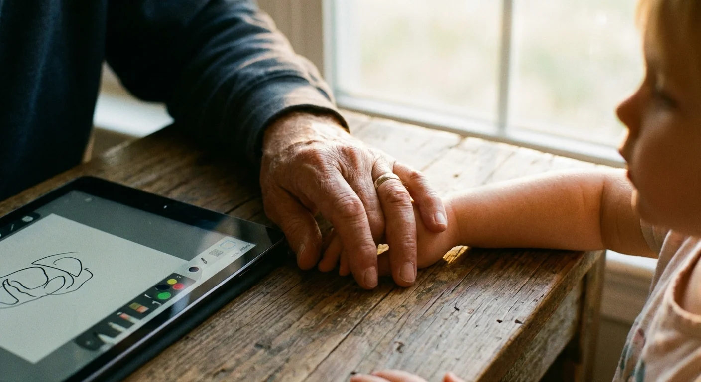 Close-up of a grandparent's and grandchild's hands near a tablet, symbolizing connection.