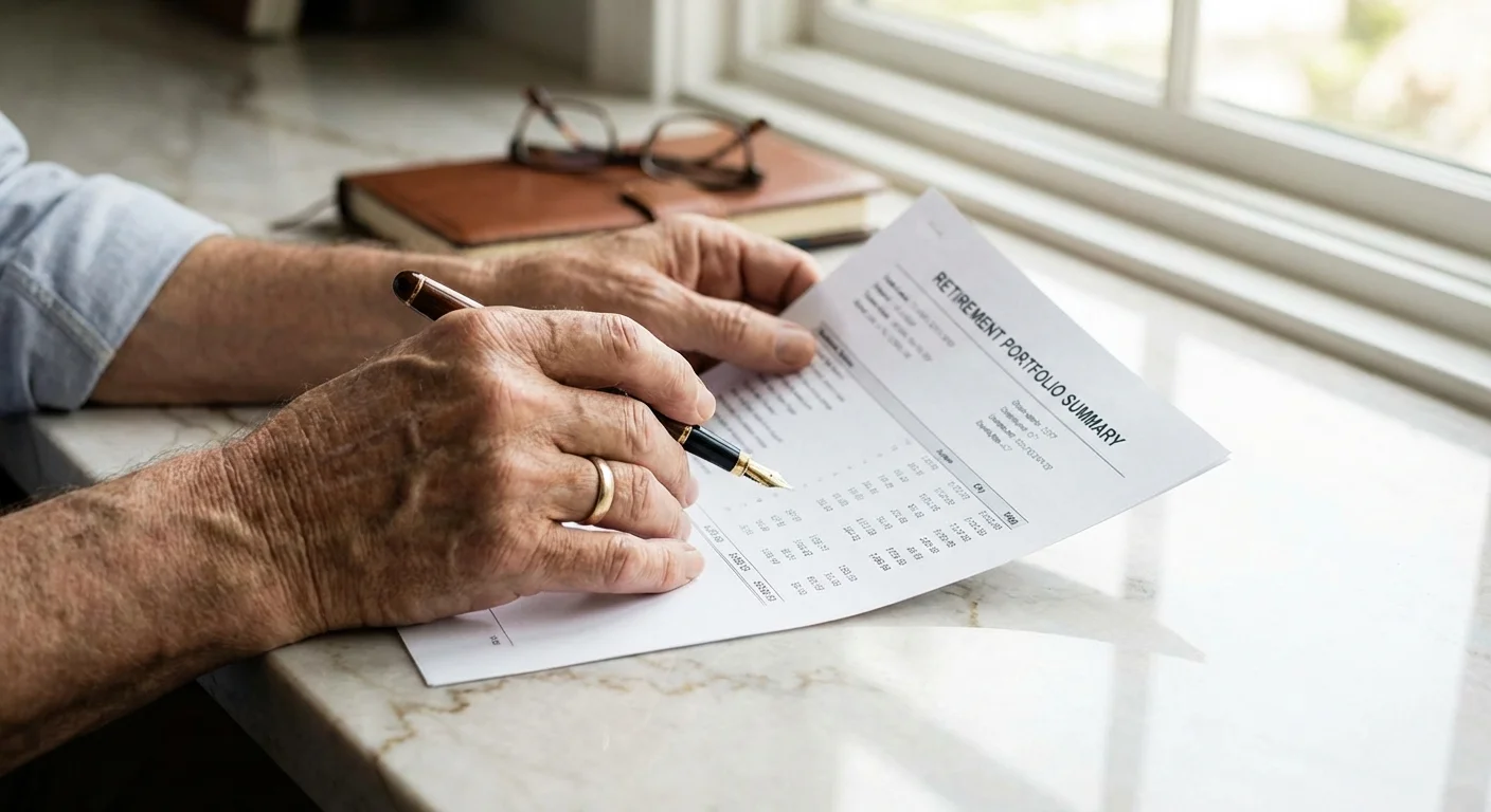 Close-up of a person's hands reviewing financial documents on a marble surface.