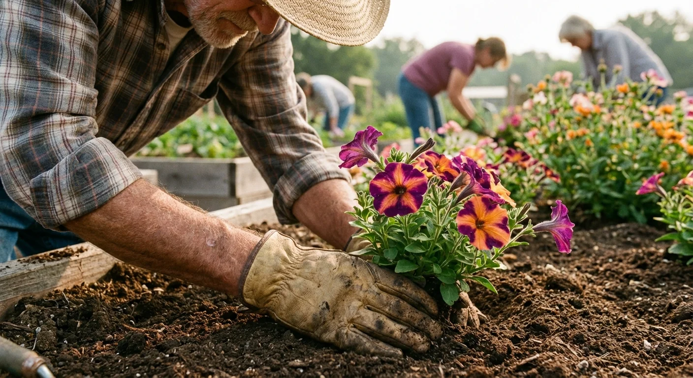 Close-up of a retiree planting flowers in a sunny community garden plot.