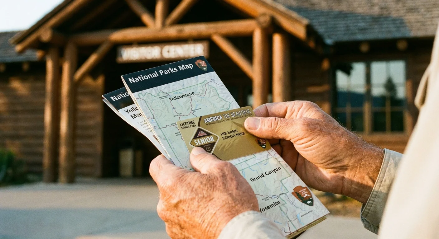 Close-up of a senior holding a National Park map and a lifetime pass.
