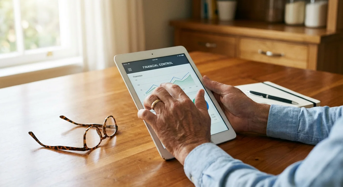 Close-up of a senior man managing retirement finances on a tablet in a bright, modern kitchen.