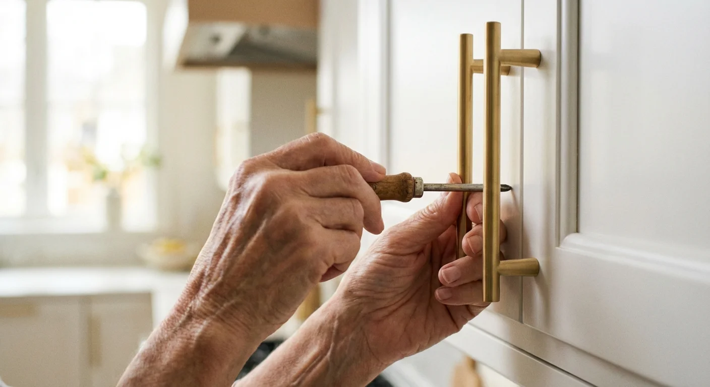 Close-up of a senior person replacing kitchen cabinet hardware with modern brass pulls.