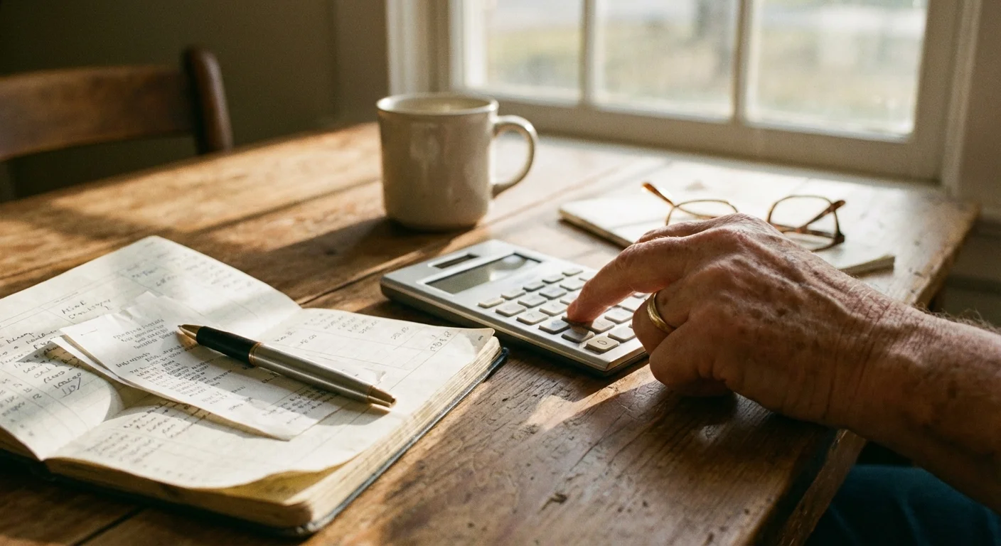 Close-up of a senior person using a calculator and ledger to plan their healthcare finances.