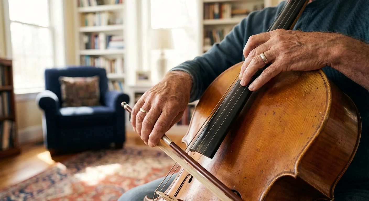 Close-up of a senior playing the cello, demonstrating active mental engagement.