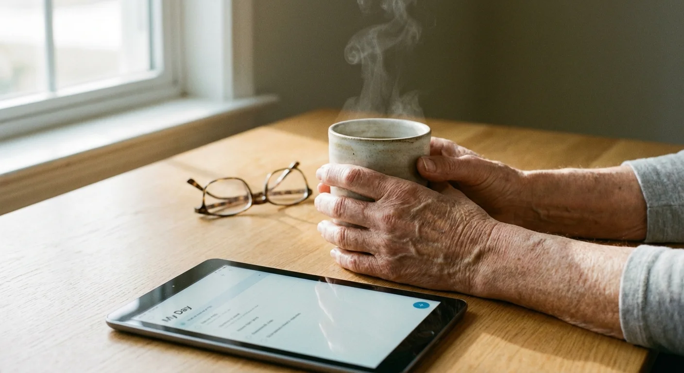 Close-up of a senior's hands with a coffee mug and tablet on a wooden table.