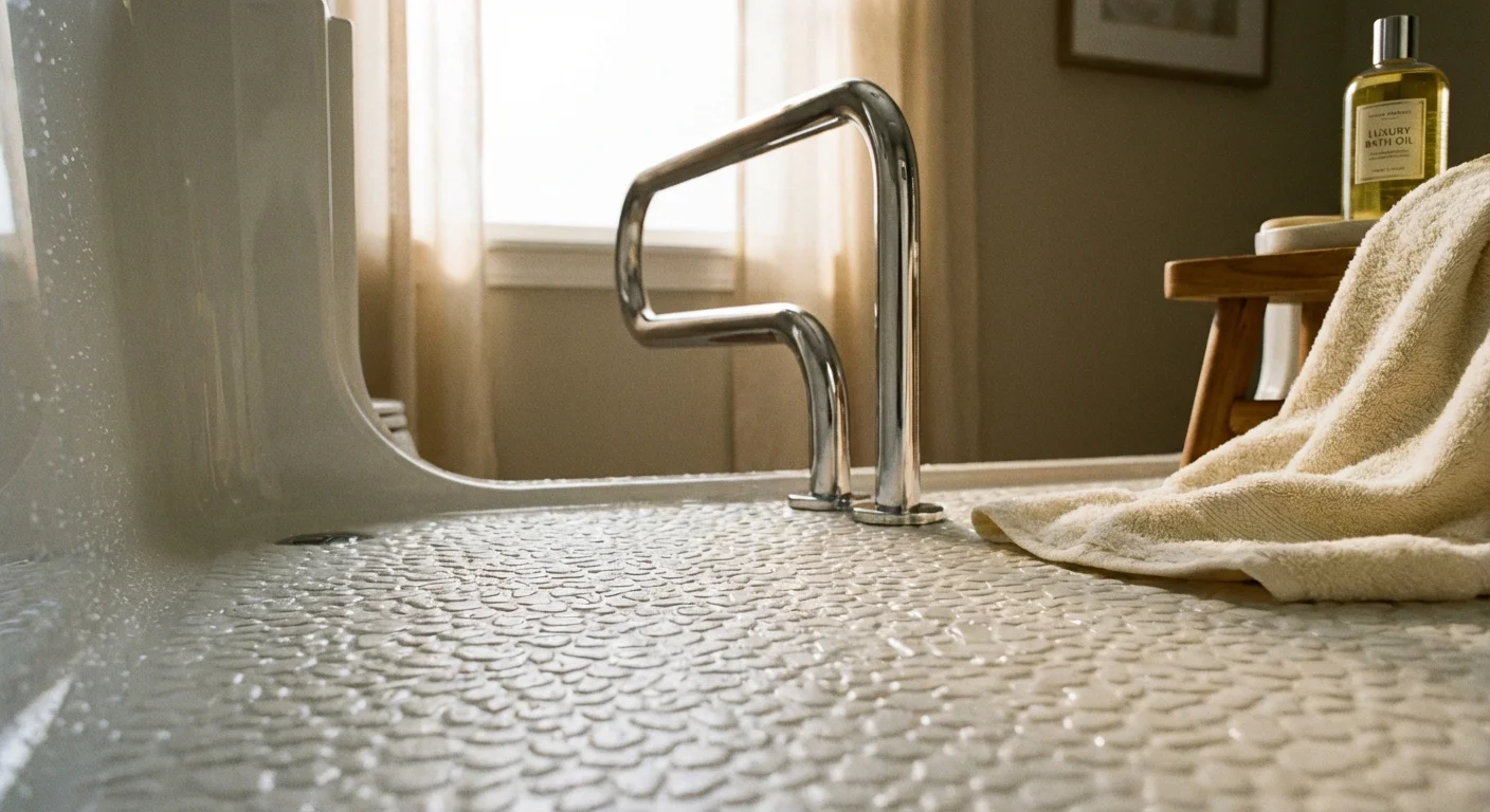 Close-up of a walk-in tub's non-slip flooring and a sturdy chrome grab bar for senior safety.