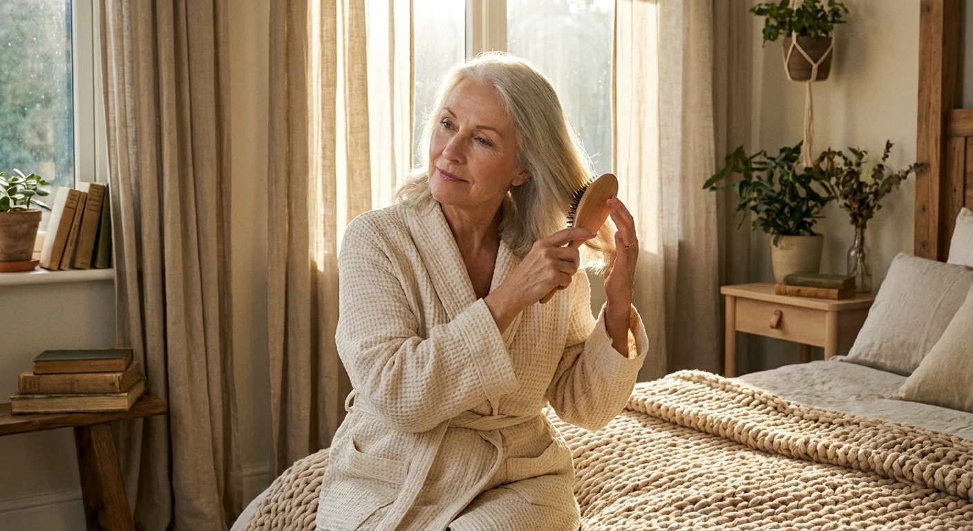O femeie în vârstă își îngrijește cu blândețe părul într-un decor luminos și liniștit de dimineață.
