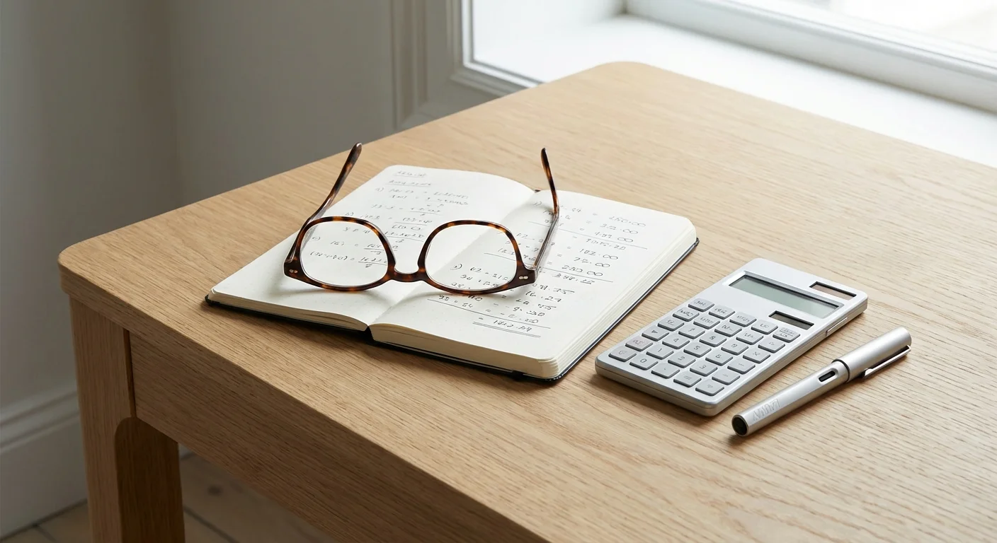 Reading glasses and a notepad with calculations on a desk, symbolizing the Social Security formula.