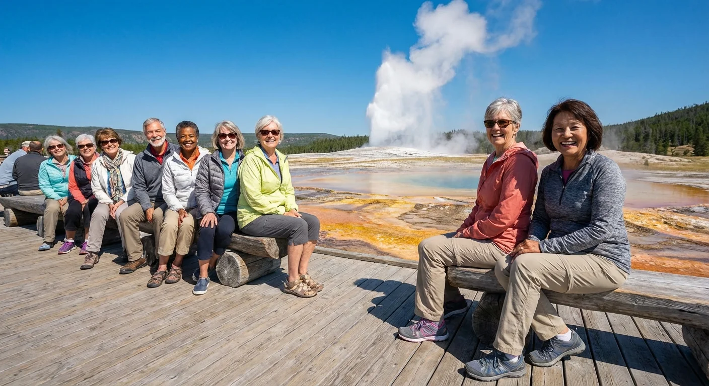 Retirees watching a geyser eruption from an accessible boardwalk.