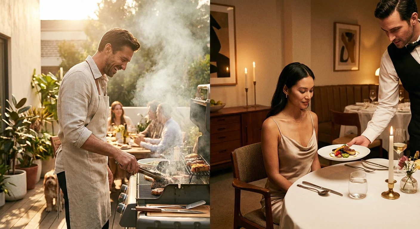 Side-by-side comparison of a man cooking at home and a woman being served in a dining room.