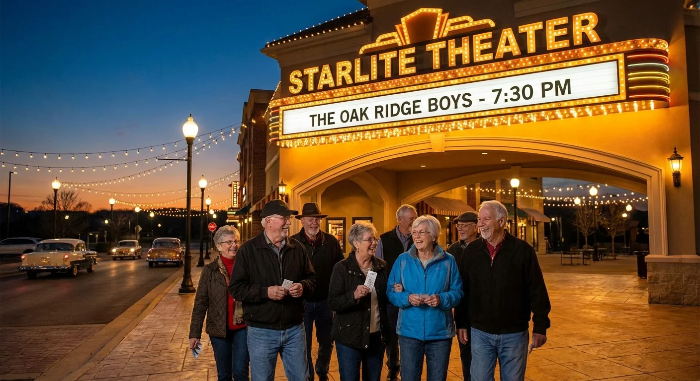 The glowing lights of a theater marquee in Branson during the evening.