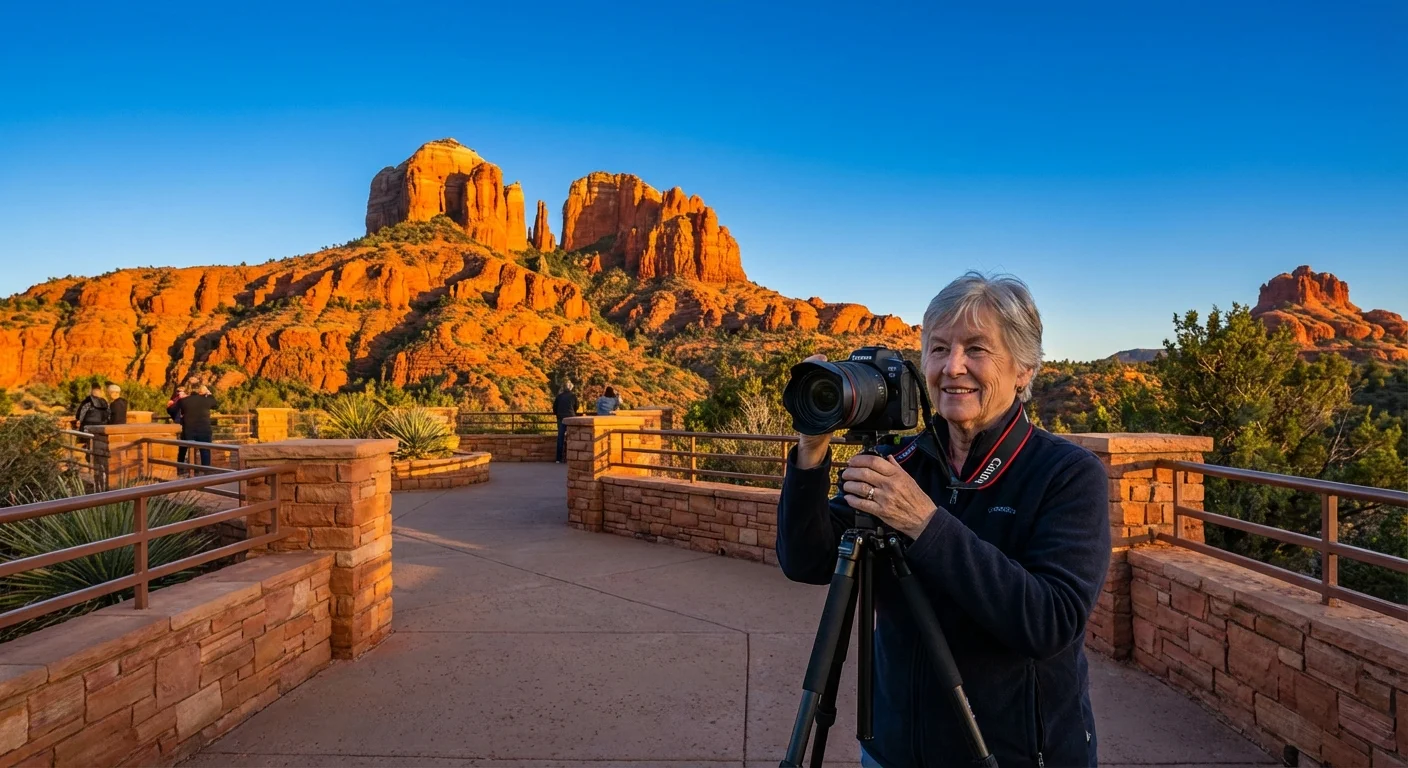 The stunning red rocks of Sedona viewed from an accessible paved walkway.