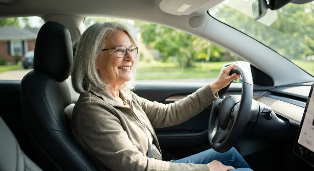 A cheerful senior woman sitting in the driver's seat of her car.