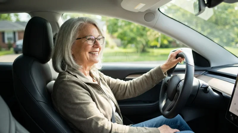 A cheerful senior woman sitting in the driver's seat of her car.