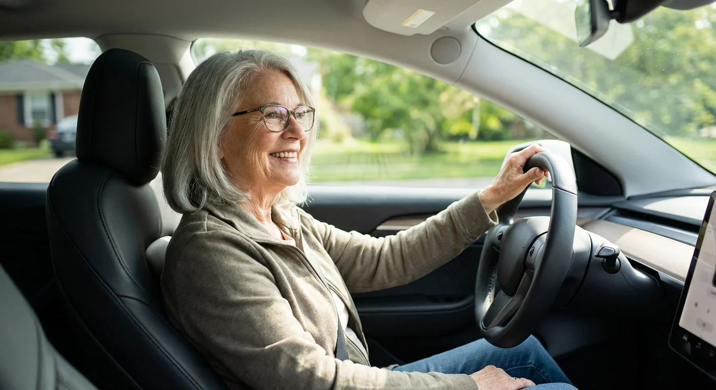 A cheerful senior woman sitting in the driver's seat of her car.