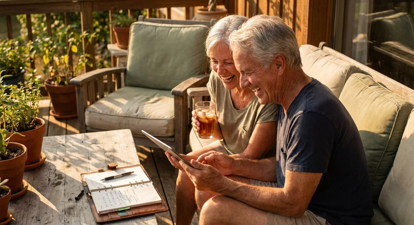 A couple laughing on a sunlit patio with drinks, enjoying Florida's climate.