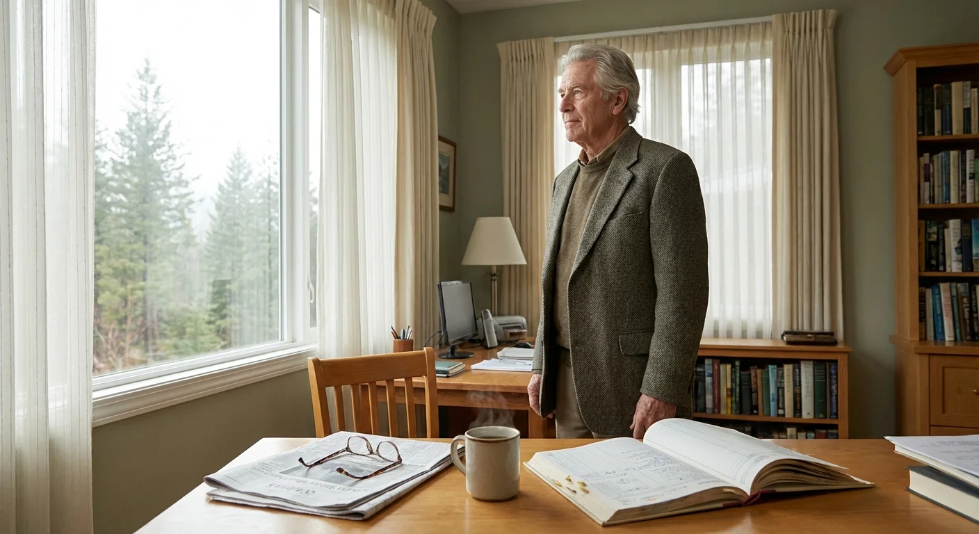 A man looking out at a forest from his home office, representing Alaska's tax-free frontier.