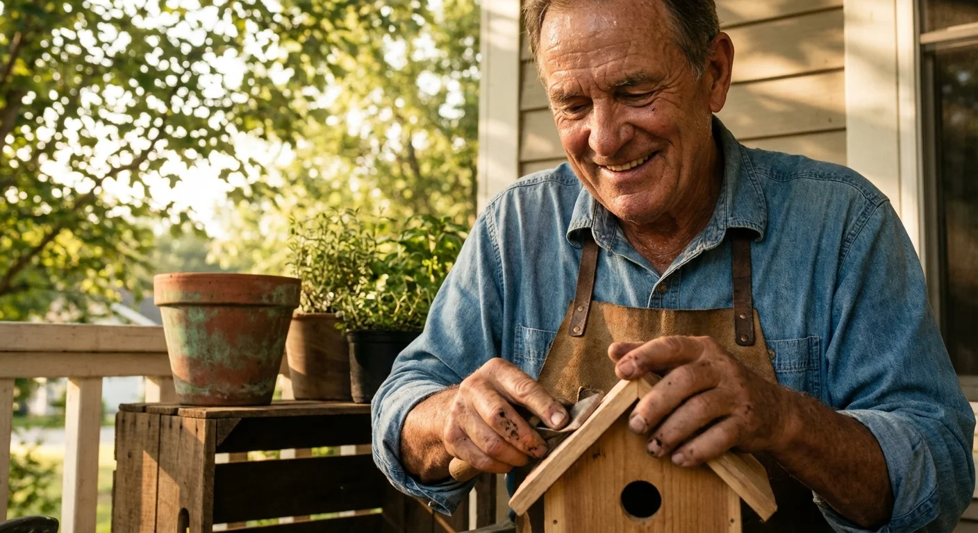 A man woodworking on a porch, highlighting a fulfilling retirement lifestyle.
