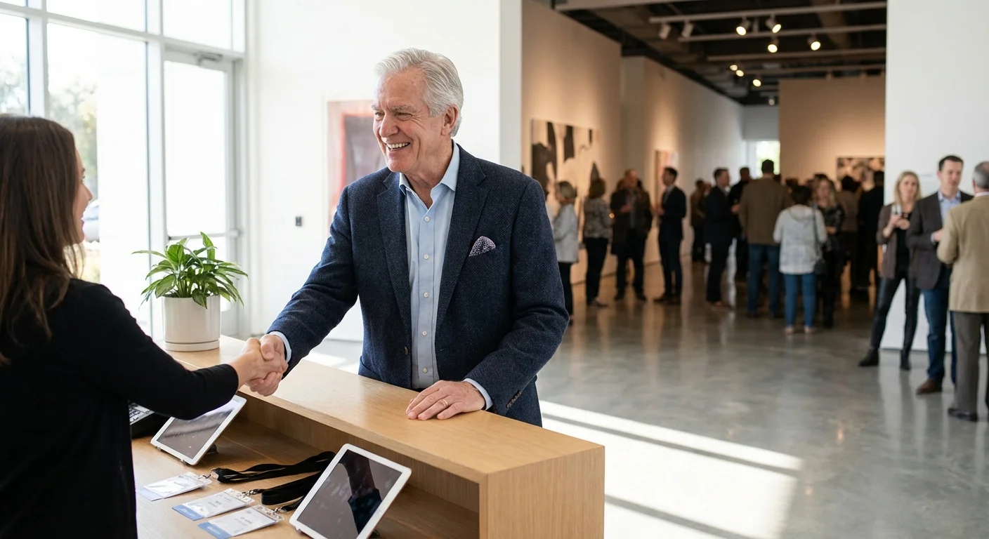 A professional senior man greeting guests at an event reception desk.