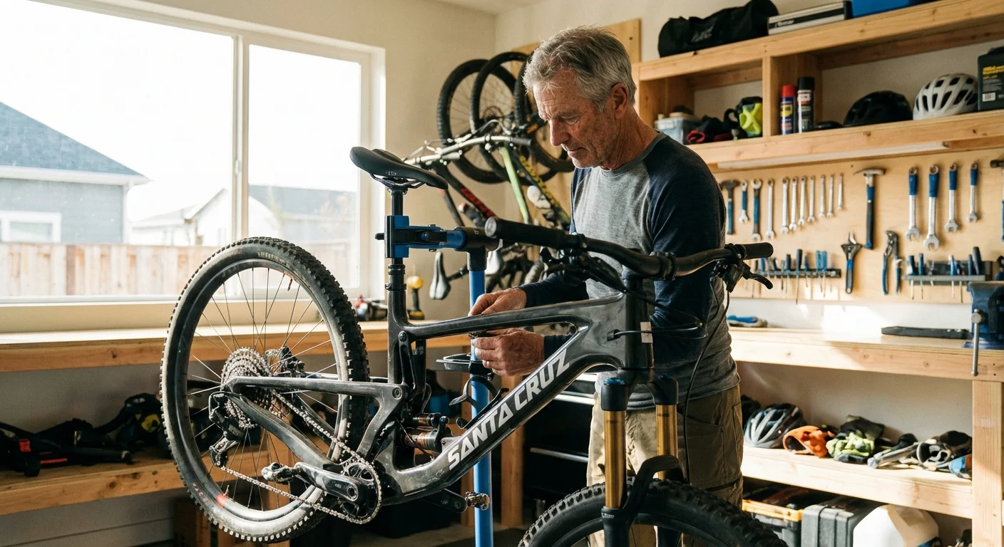 A senior man inspecting a mountain bike in his garage for rental.