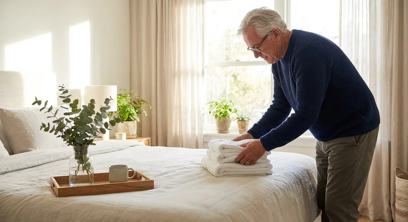 A senior man preparing a guest room by placing fresh towels on the bed.