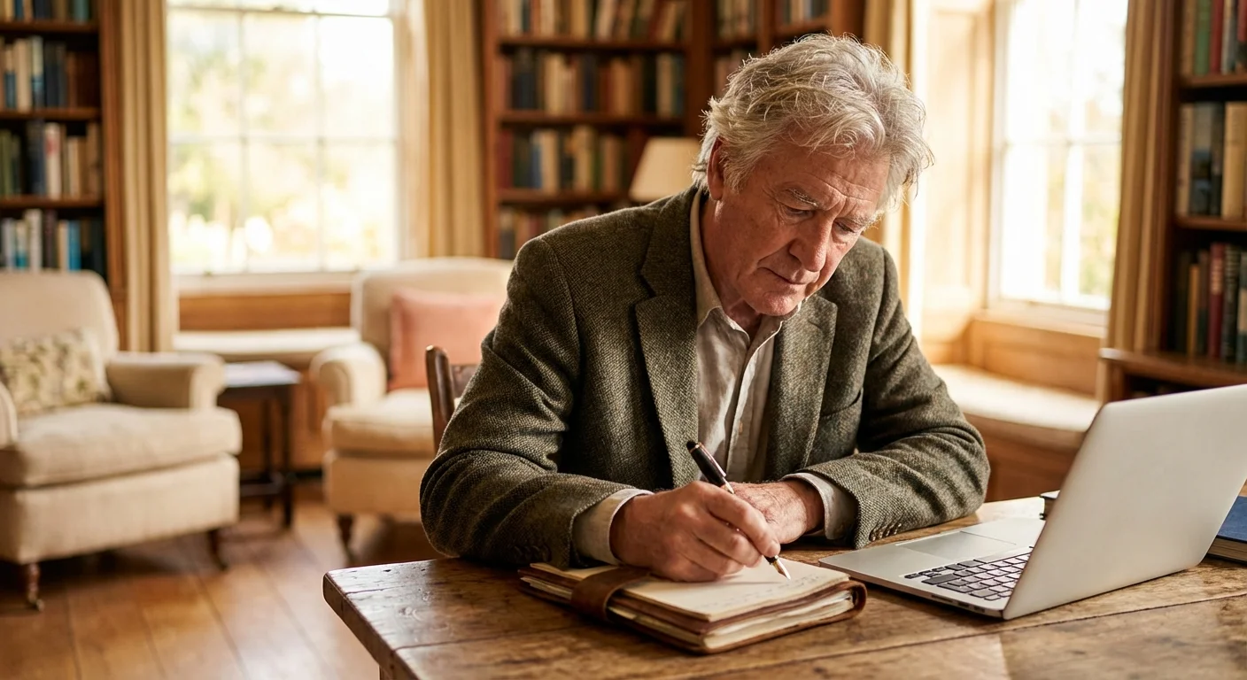 A senior man writing in a journal next to a laptop in a cozy home office.