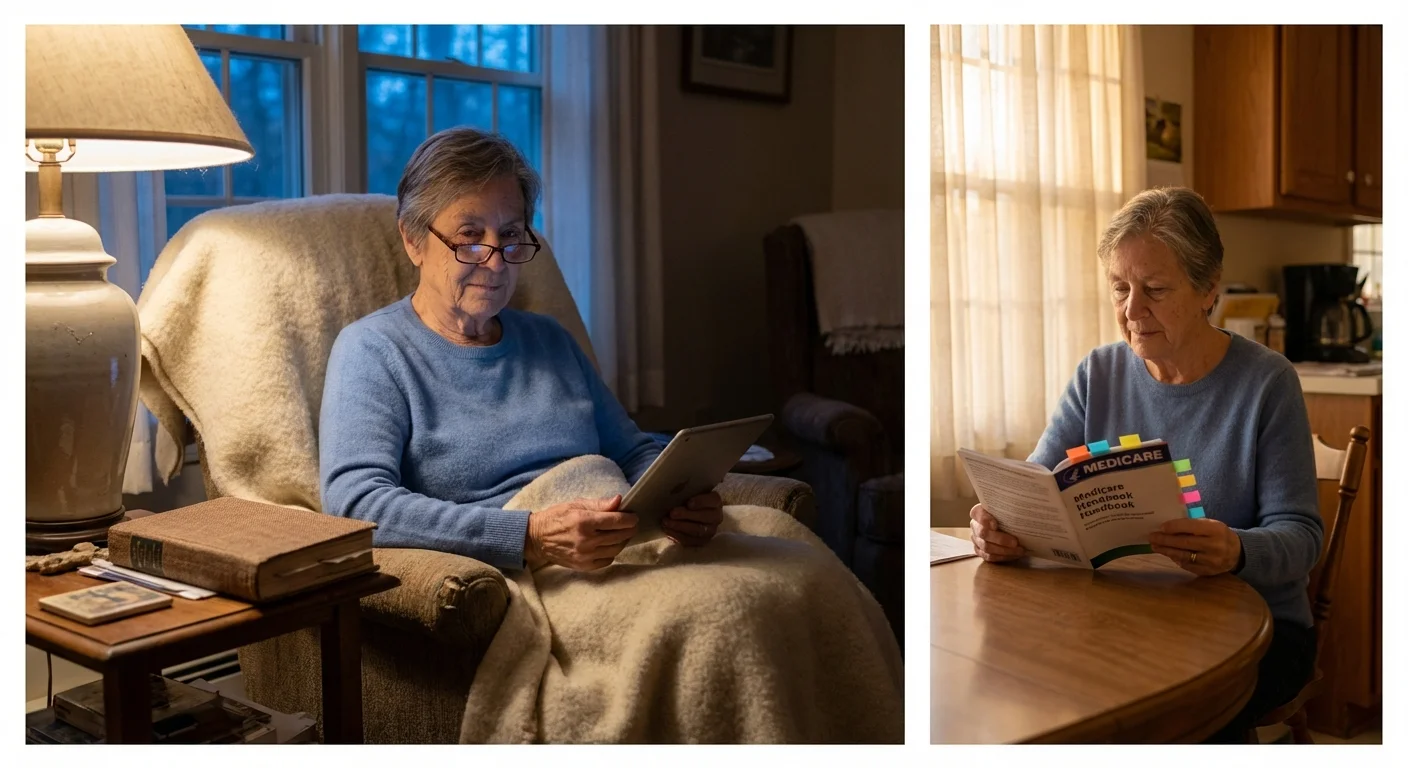 A senior reading in a cozy chair during twilight in New Hampshire.