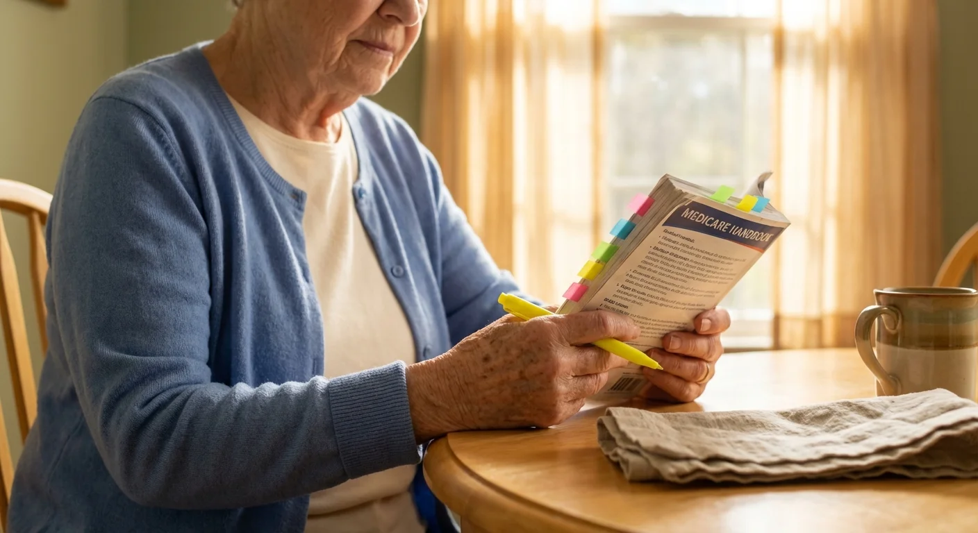 A senior woman reviewing retirement documents in a sun-drenched kitchen.