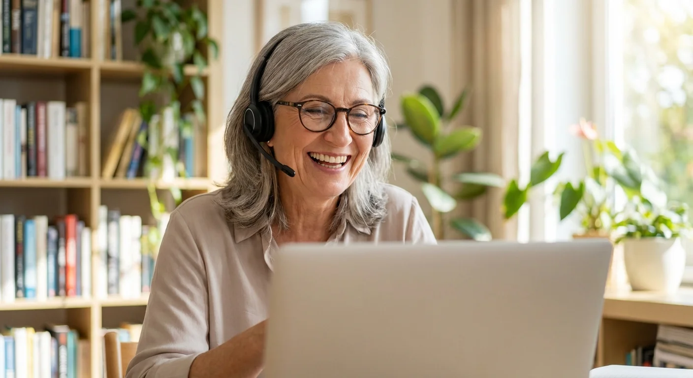 A senior woman tutoring a student online via a laptop in her home office.