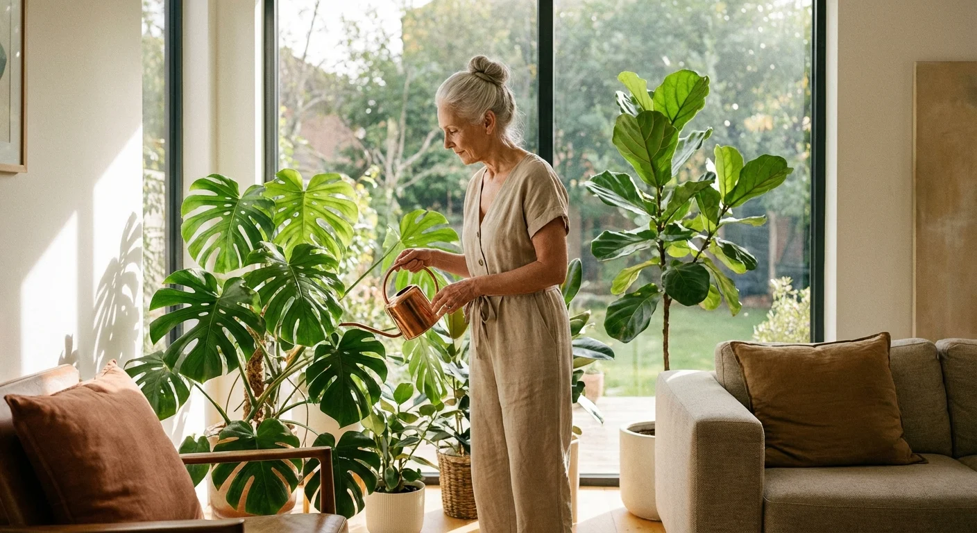 A senior woman watering plants in a bright, clean house, illustrating house sitting services.