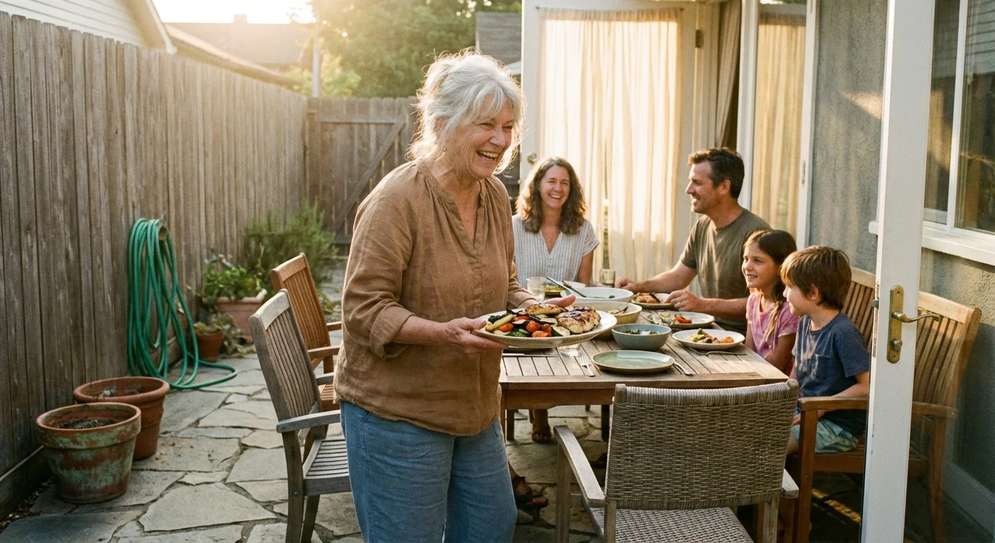 A woman hosting a family dinner on a patio in Texas.