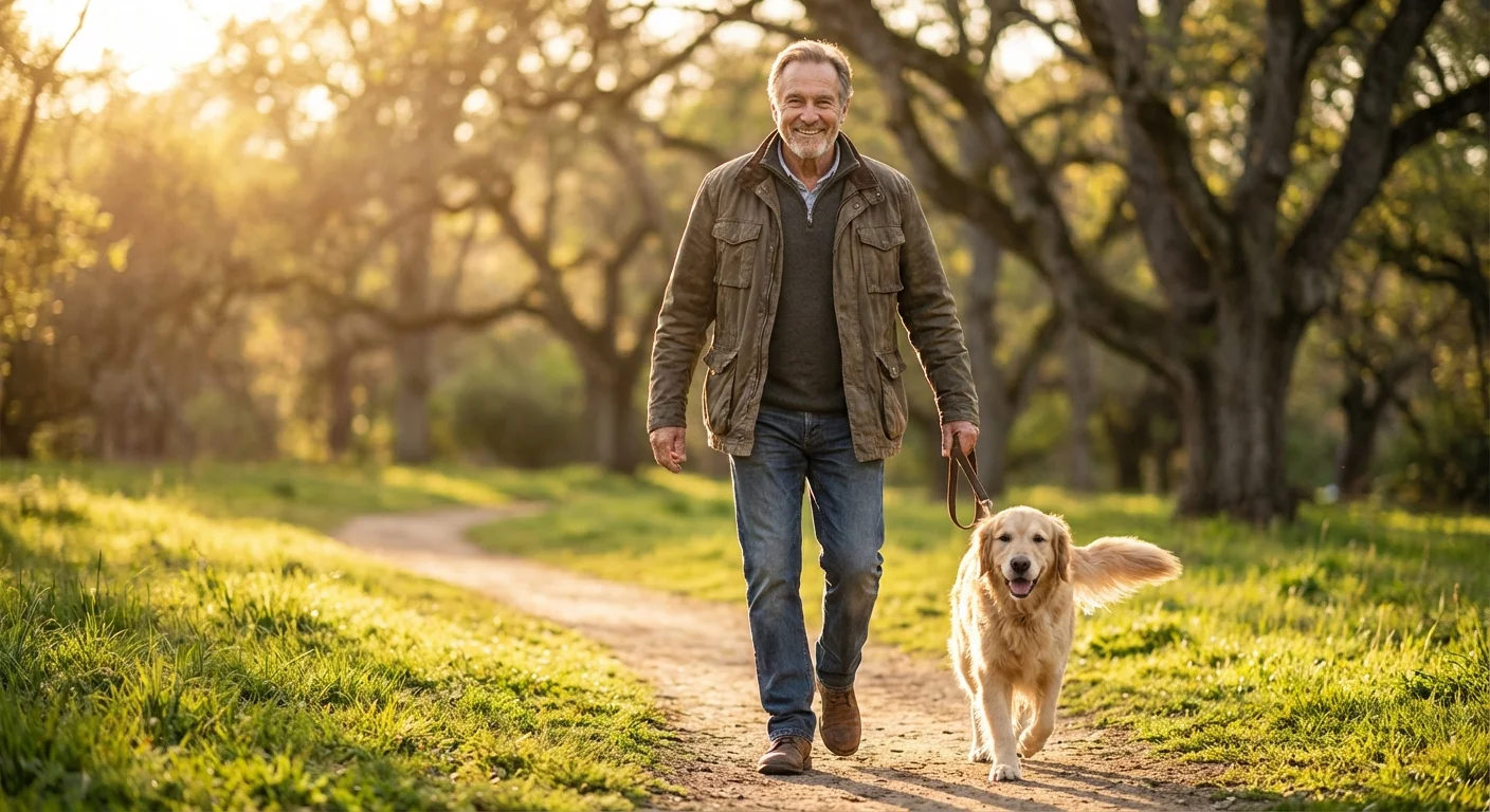 An active senior man happily walking a Golden Retriever in a sunny park.