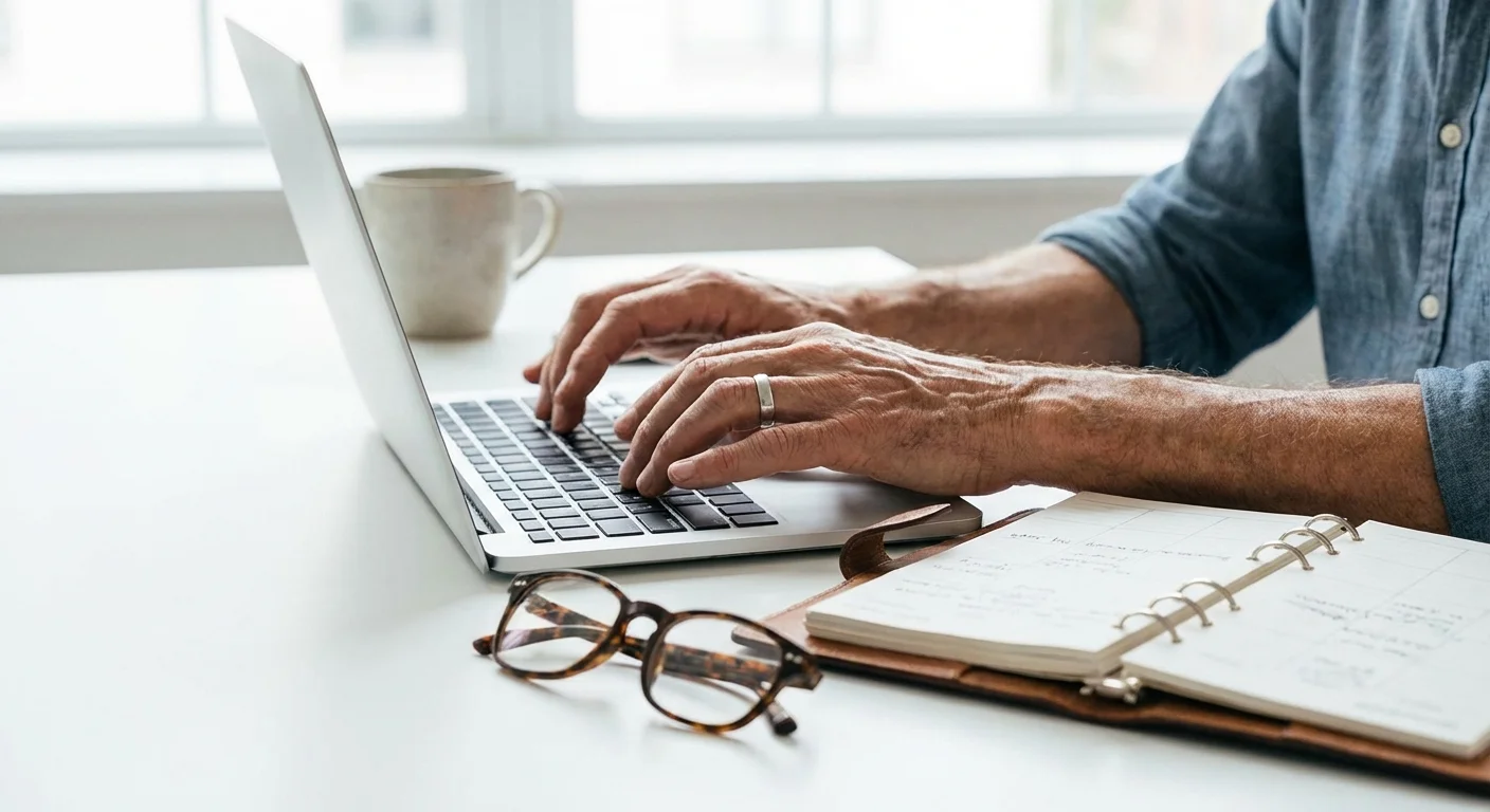 Close-up of a retiree's hands working on a laptop with a planner nearby.