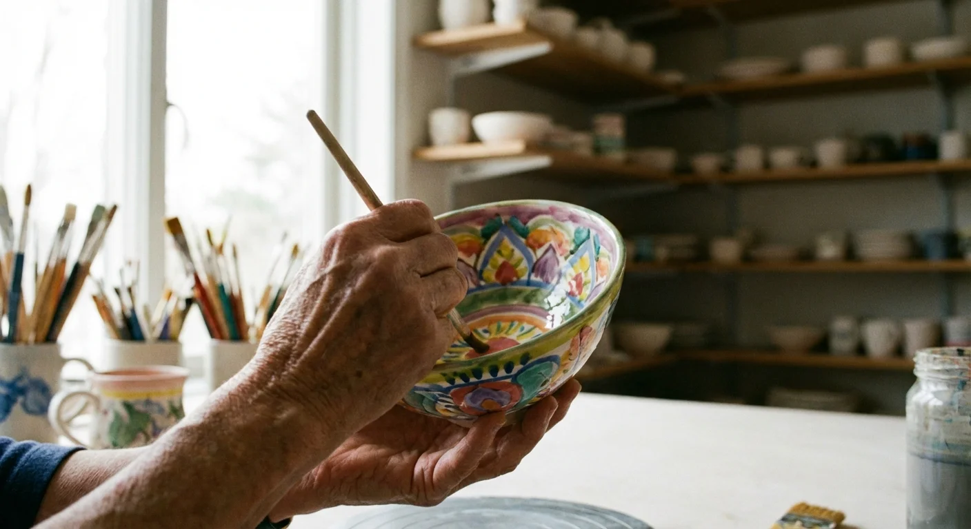 Close-up of a senior's hands painting a ceramic bowl in an art studio.