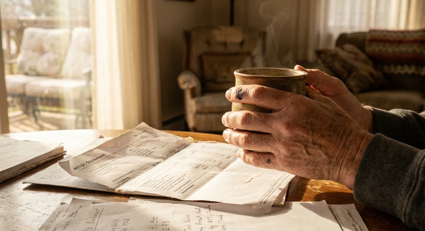 Close-up of hands holding a mug over financial papers, representing security.