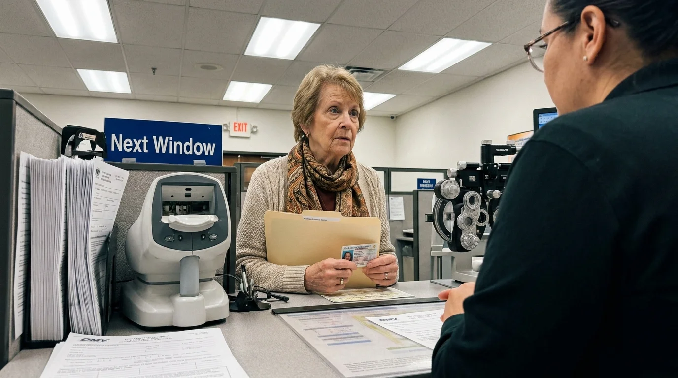 A candid photo of a senior woman at a DMV counter renewing her license in person.
