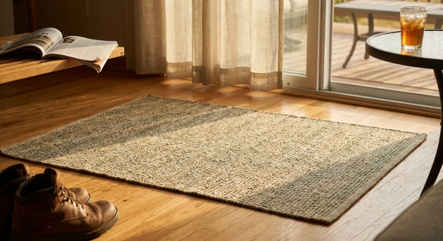 A close-up of a high-quality non-slip rug on a hardwood floor in a bright home.