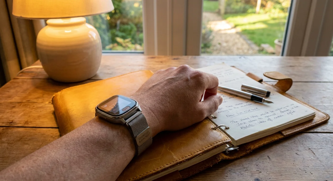 A close-up of a modern medical alert smartwatch worn on a senior's wrist next to a planner.